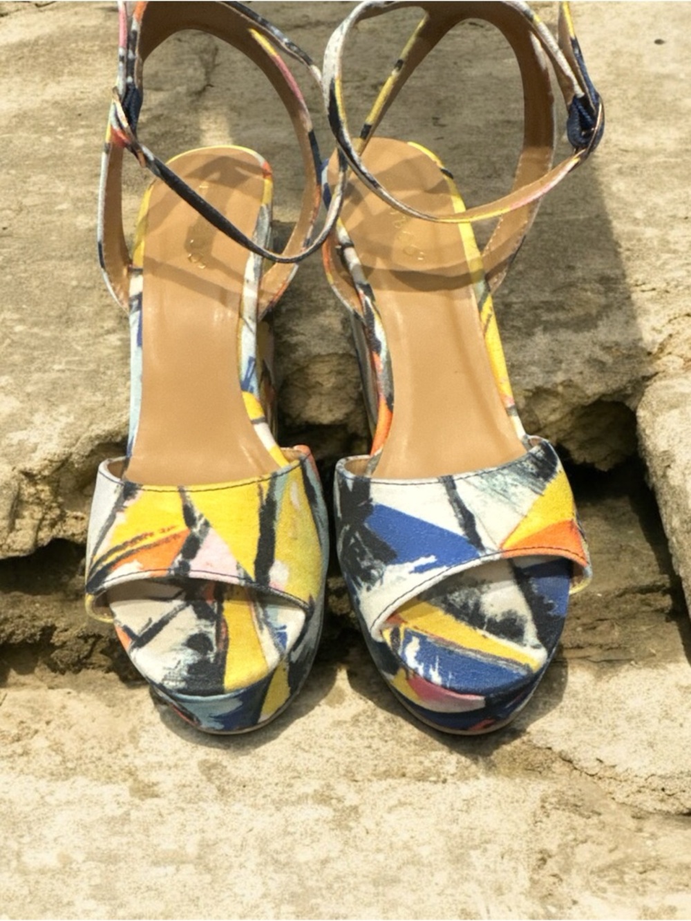 BAMBOO Multicolor Abstract Print Platform Ankle-Strap Heels